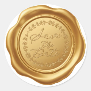 Sticker Rond Élégant sceau de cire faux or "Save the Date" mari