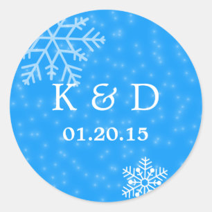 Sticker Rond Élégant Sceau de mariage hivernal Blue Snowflakes