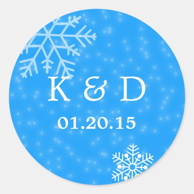 Sticker Rond Élégant Sceau de mariage hivernal Blue Snowflakes (Devant)
