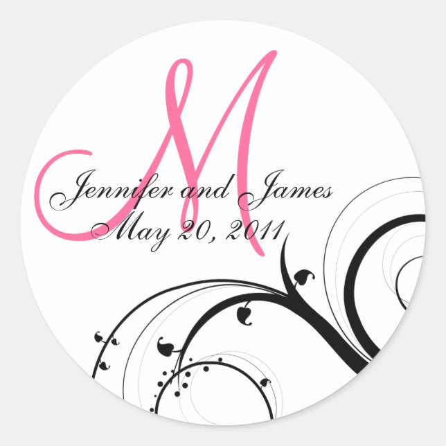 Sticker Rond Élégant sceau Mariage de Monogramme Rose Chaud (Devant)