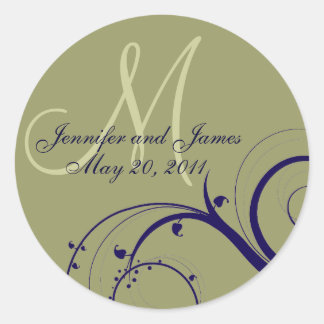 Sticker Rond Élégant Sceau Mariage Monogramme à torsion verte d