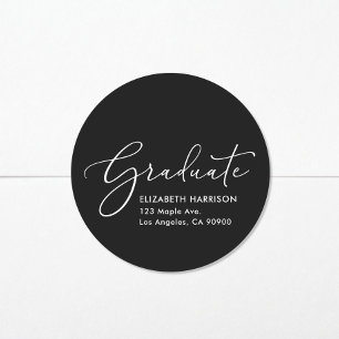 Sticker Rond Élégant Script Black Graduation Adresse de retour