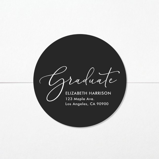 Sticker Rond Élégant Script Black Graduation Adresse de retour (Créateur téléchargé)
