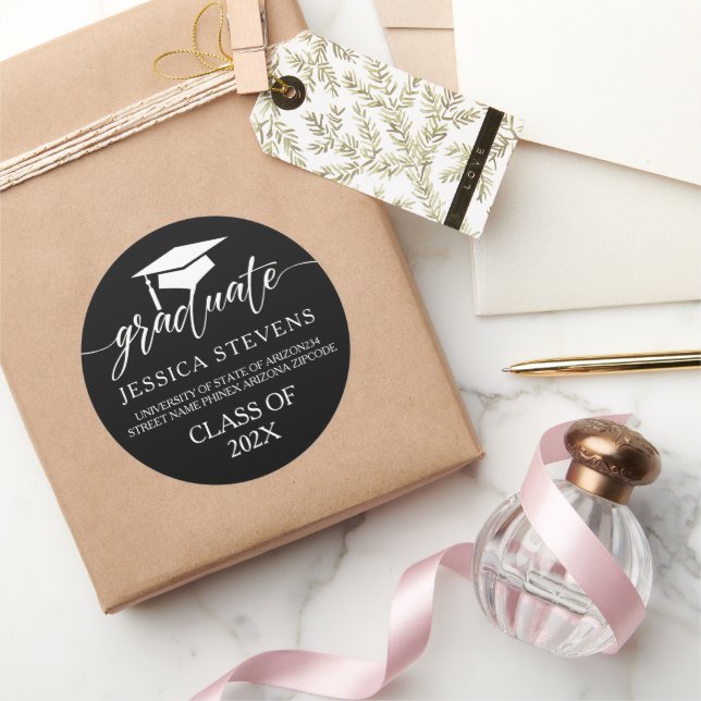 Sticker Rond Élégant script blanc simple Calligraphie sur noir (Cadeaux)