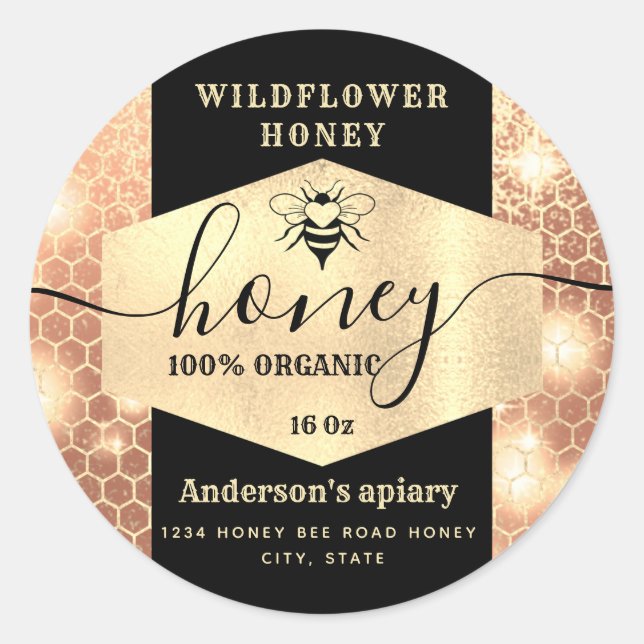 Sticker Rond Élégant script d'abeille dorée moderne miel cla (Devant)