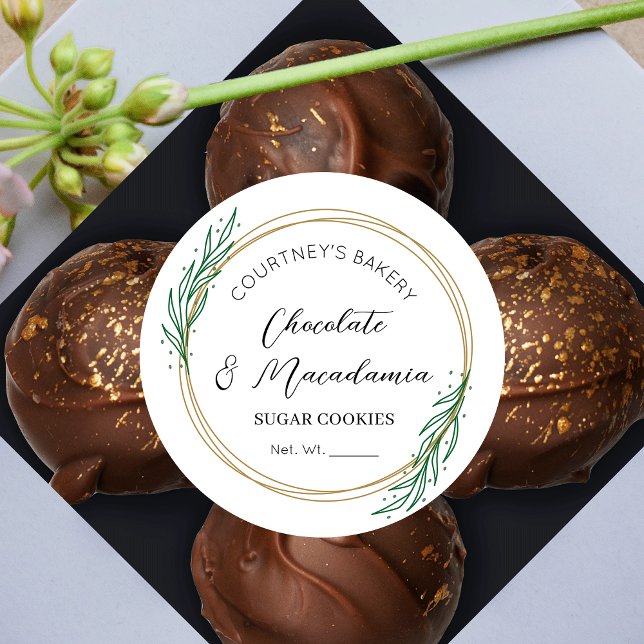 Sticker Rond Élégant Script de verdure Wreath Sucre Cookies Ali (Bakery Labels Featuring Faux Gold Wreath with Greenery, stylish fonts and white background)