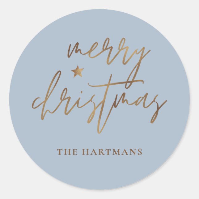 Sticker Rond Élégant Script Joyeux Noël Gold Star Bleu (Devant)