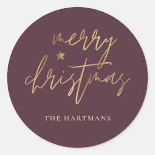 Sticker Rond Élégant Script Joyeux Noël Gold Star Bourgogne
