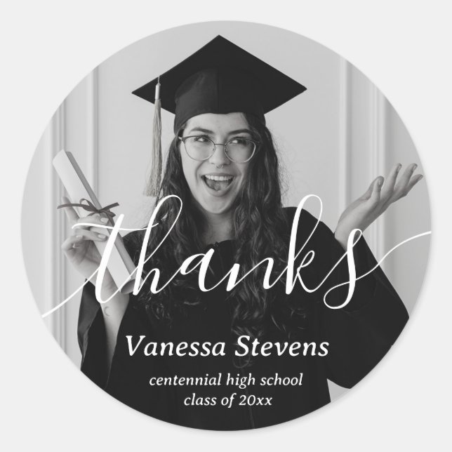 Sticker Rond Elégant Script Photo personnalisée grâce Graduatio (Devant)