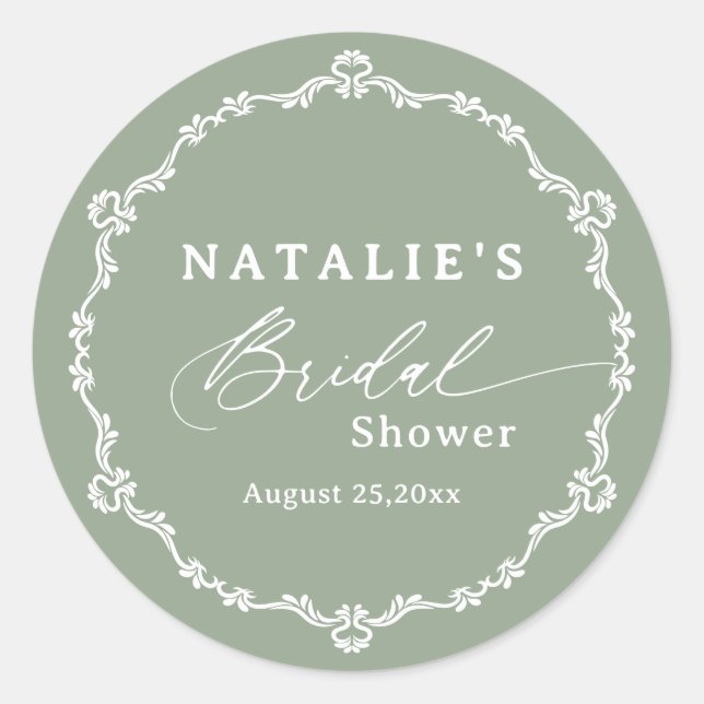 Sticker Rond Élégant Script Vert Sauge Baby Shower de Mariée (Devant)