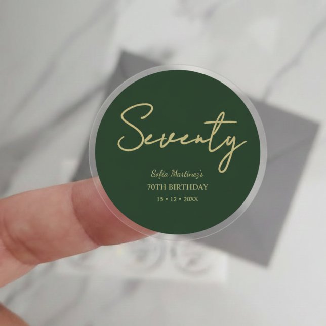Sticker Rond Elegant Seventy Birthday Sticker–Green Gold Script (Créateur téléchargé)