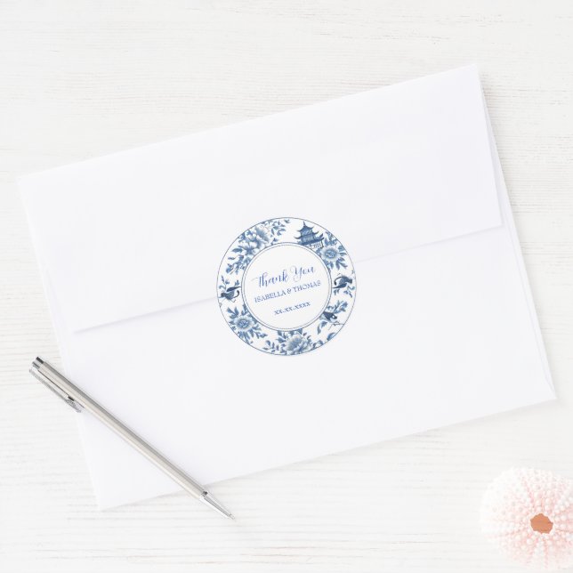 Sticker Rond Élégant simple Fleur Bleue Blanche de style chinoi (Enveloppe)
