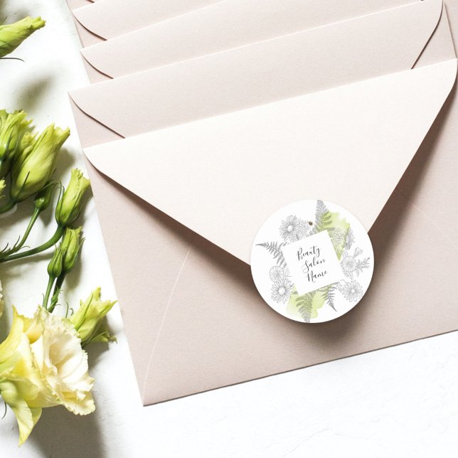 Sticker Rond Élégant Simple Floral Noir Et Blanc (Créateur téléchargé)