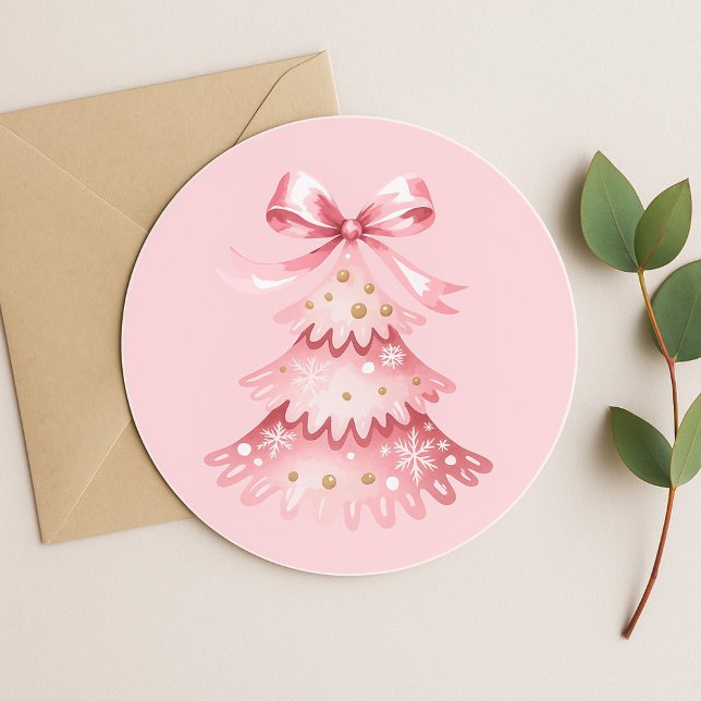 Sticker Rond Elegant Simple Modern Pink Christmas Tree Holiday (Créateur téléchargé)