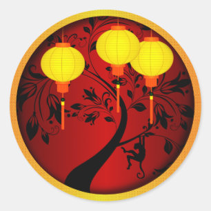 Sticker Rond Elégant singe chinois du Nouvel An avec Lanternes