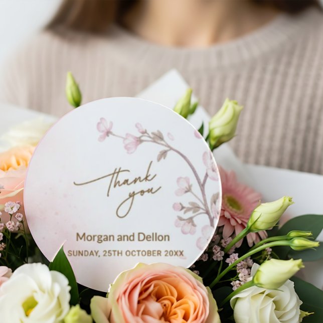 Sticker Rond Elegant Soft Blush Pink Cherry Blossom Wedding Cla (Créateur téléchargé)