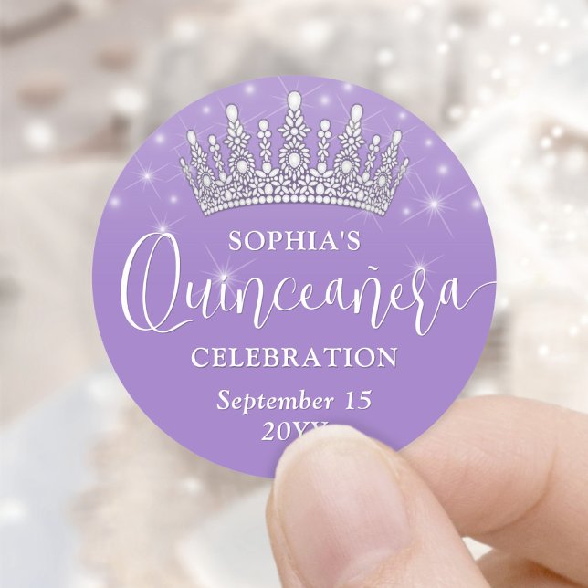 Sticker Rond Elegant Sparkles Quinceañera Crown Lilac Purple (Créateur téléchargé)