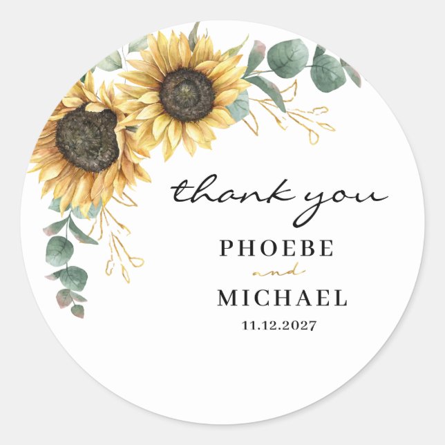 Sticker Rond Elégant Sunflower Eucalyptus Floral Mariage Merci (Devant)