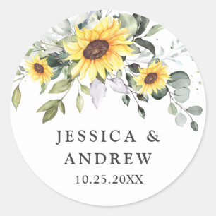 Sticker Rond Elegant Sunflowers Eucalyptus Watercolor Wedding