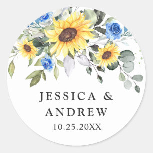 Sticker Rond Elegant Sunflowers Eucalyptus Watercolor Wedding