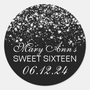 Sticker Rond Élégant Sweet 16 Anniversaire Minuit Glam Silver