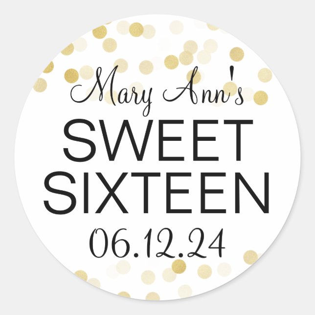 Sticker Rond Elégant Sweet 16 Faux Gold Foil Parties scintillan (Devant)