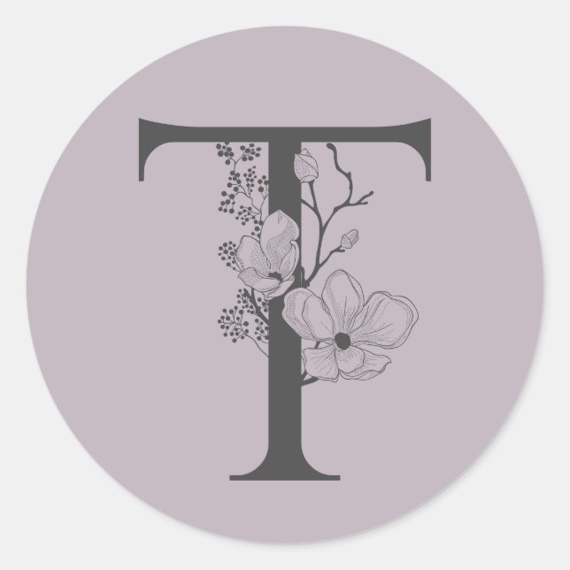Sticker Rond Élégant T Boho Floral Monogramme initial Lilac Gre (Devant)