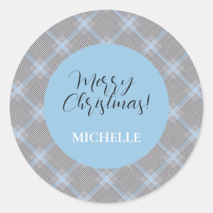 Sticker Rond Élégant Tartan Bleu Moderne Personnalisé