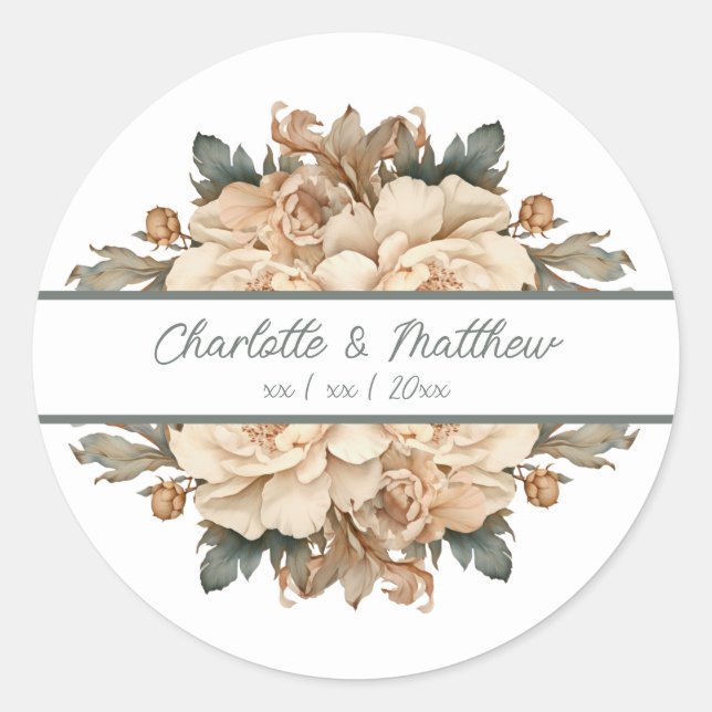 Sticker Rond Élégant Taupe Avec Mariage Floral Vert (Devant)