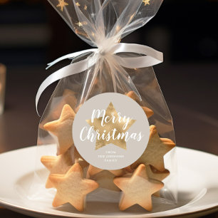 Sticker Rond Elégant Taupe Beige Faux Gold Star Joyeux Noël