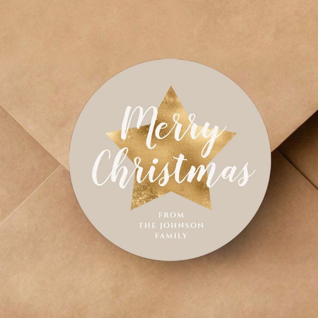 Sticker Rond Elégant Taupe Beige Faux Gold Star Joyeux Noël (Elegant Taupe Beige Faux Gold Star Merry Christmas Classic Round Sticker)
