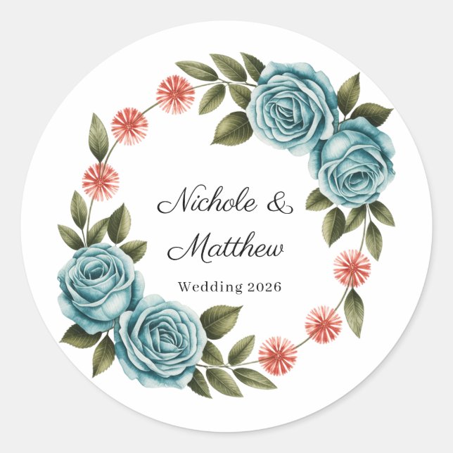 Sticker Rond Elegant Teal Rose & Orange Daisey Wedding (Devant)