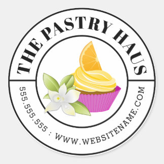 Sticker Rond Élégant texte arrondi de Cupcake jaune et rose