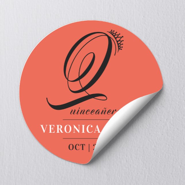 Sticker Rond Elégant Tiara Orange Rouge 15ème Quinceañera Nom (Créateur téléchargé)