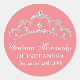 Sticker Rond Elégant Tiara Peach espagnol Quinceañera quince