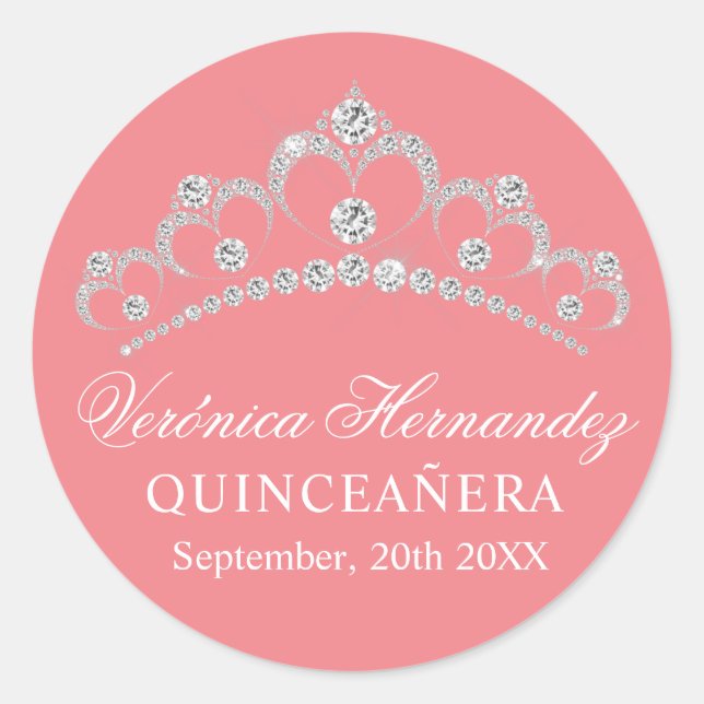 Sticker Rond Elégant Tiara Peach espagnol Quinceañera quince (Devant)