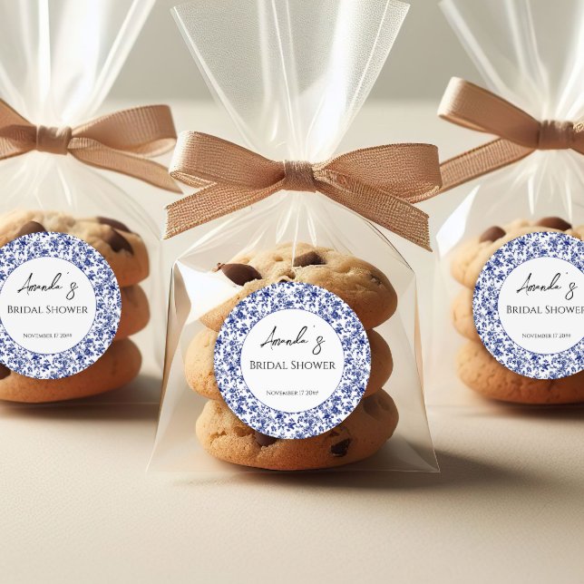 Sticker Rond Élégant Toile Bleue Floral Baby Shower (Créateur téléchargé)