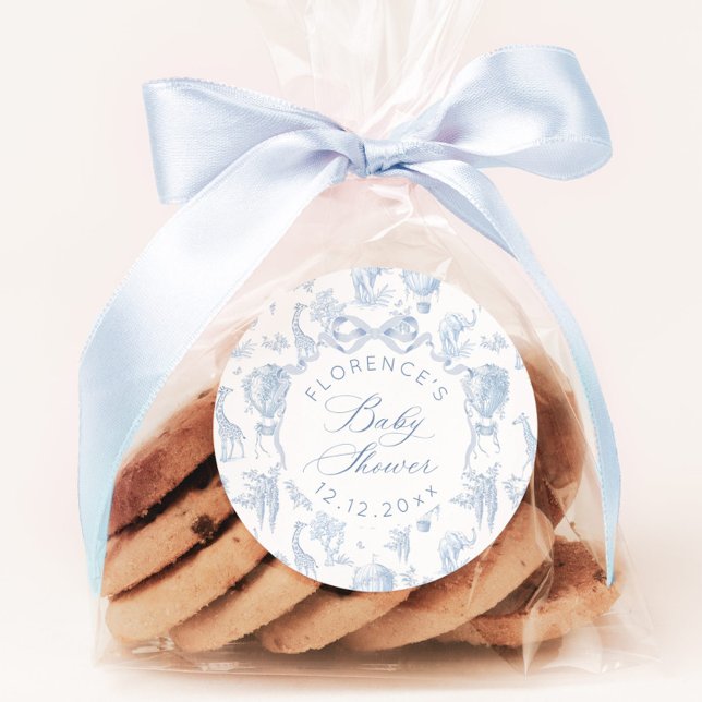 Sticker Rond Élégant Toile de Jouy Safari Bleu Baby shower (Créateur téléchargé)