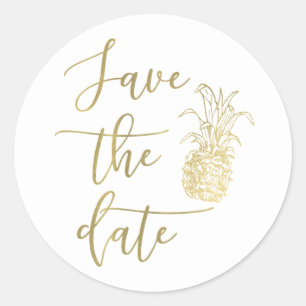 Sticker Rond Élégant Tropical Doré Ananas Save the Date Type