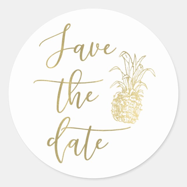 Sticker Rond Élégant Tropical Oré Pineapple Enregistrer la Date (Devant)