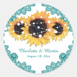 Sticker Rond Élégant Turquoise Rustic Chic Mariage de tournesol