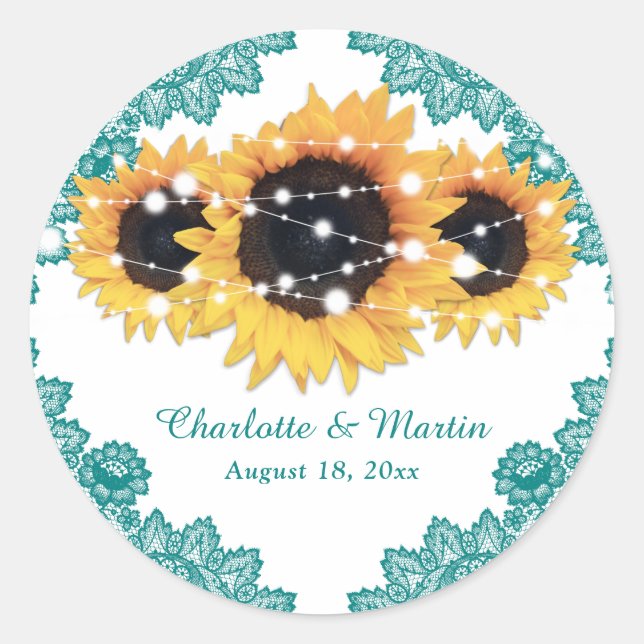 Sticker Rond Élégant Turquoise Rustic Chic Mariage de tournesol (Devant)