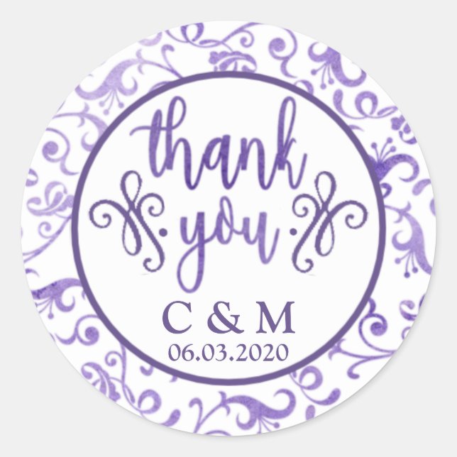 Sticker Rond Élégant Ultra Violet Flore Mariage Merci (Devant)