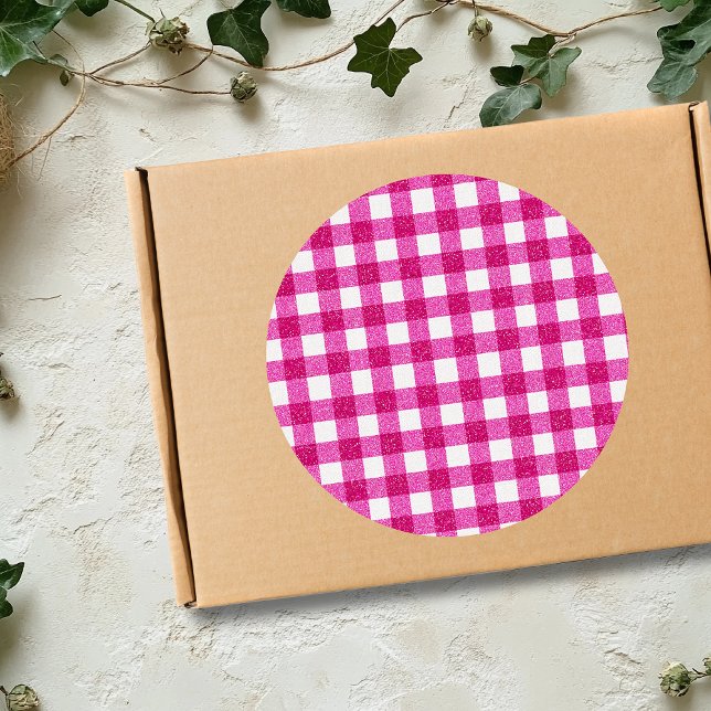Sticker Rond Elegant Valentine Pink Glitter Tartan on White (Créateur téléchargé)