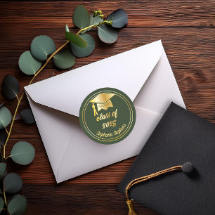 Sticker Rond Elegant Vert Chapeau de Diplômé Or Diplômé