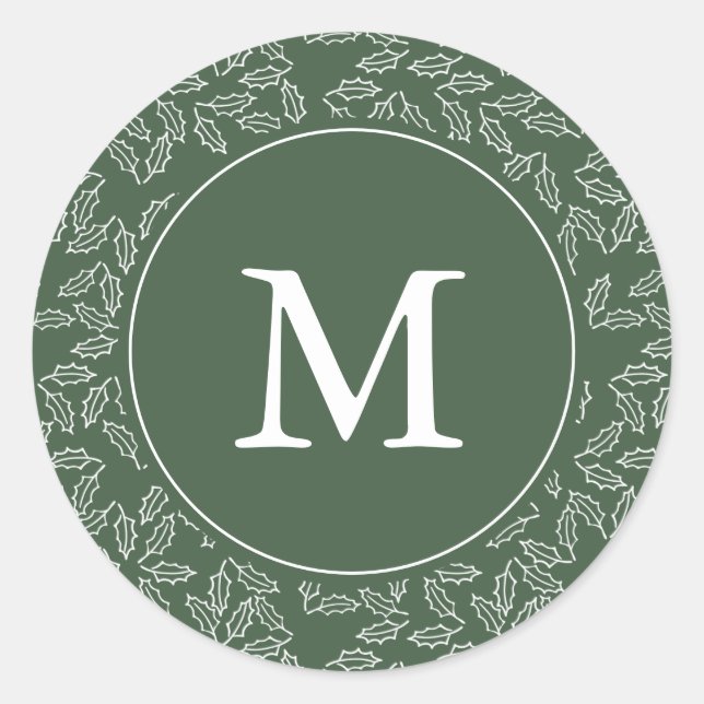 Sticker Rond Élégant vert et blanc Holly Monogram vacances (Devant)