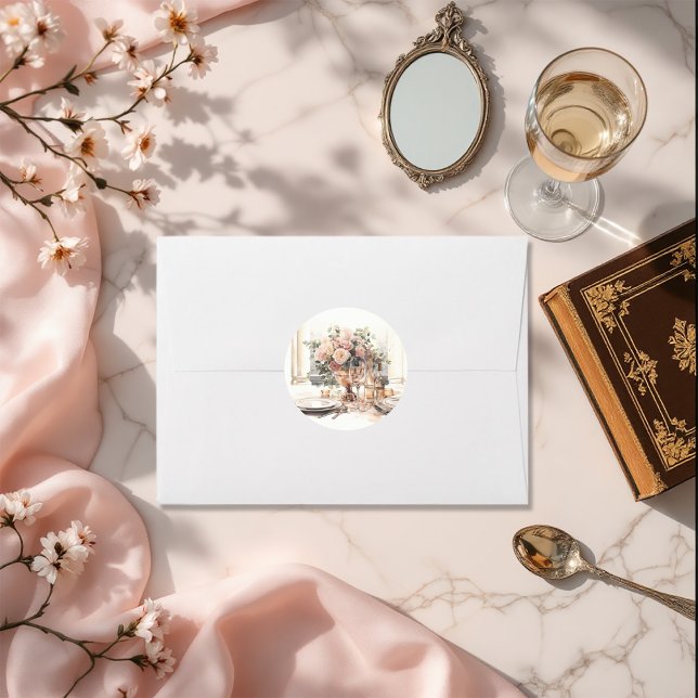 Sticker Rond Élégant Vieux Argent Romantique Mariage Tablescape (Elegant Old Money Romantic Tablescape Wedding Classic Round Sticker)