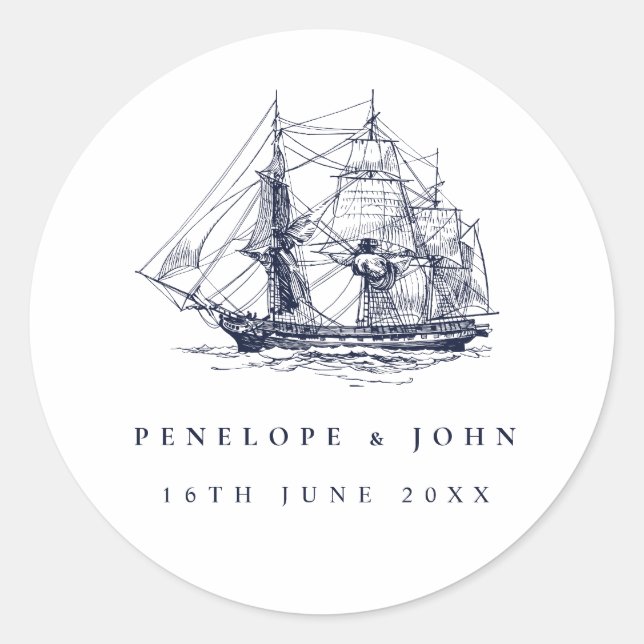 Sticker Rond Elegant Vintage Nautical Ship Destination Wedding (Devant)
