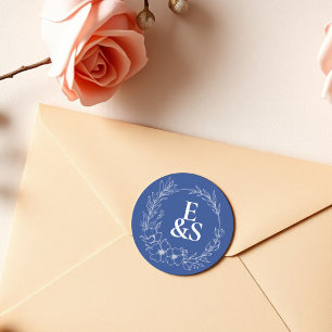 Sticker Rond Élégant Vintage Romance Blue Monogram Mariage