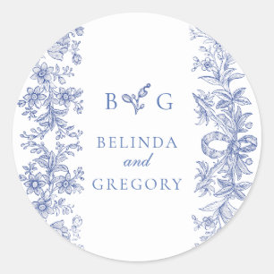Sticker Rond Élégant Vintage Rustique Français Bleu Mariage Flo